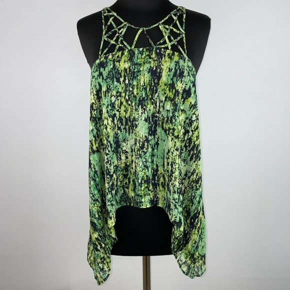 BCBGMAXAZRIA S Patterned Bakar Silk Cage Neck Tank Top In Evergreen Lined - Picture 2 of 12